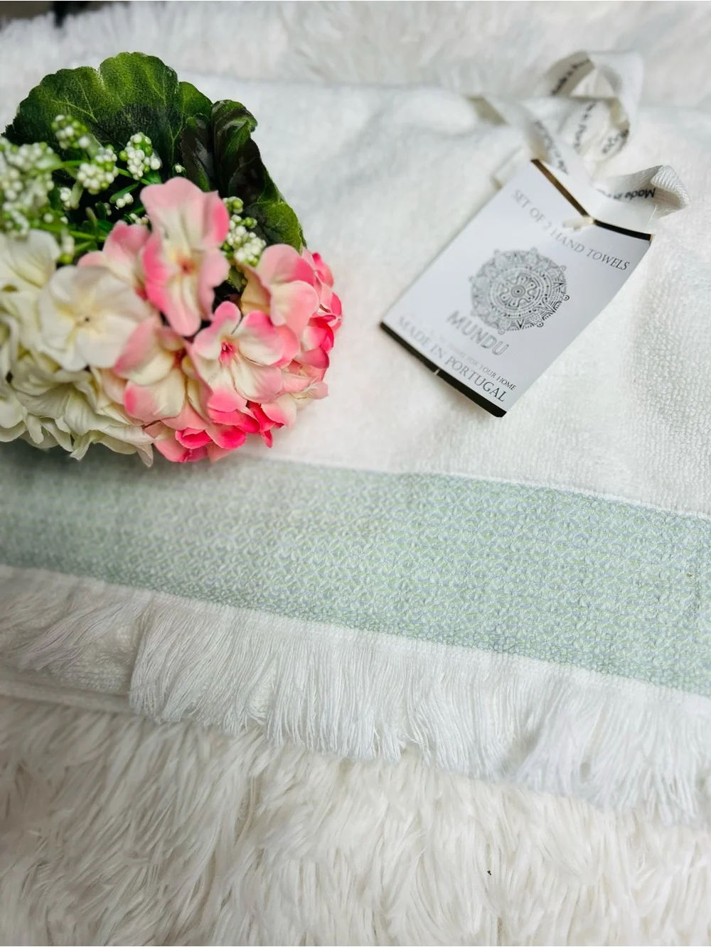 MUNDU Set Of Two Hand Towels - Made In Portugal‎ - 100% Cotton - Green/White